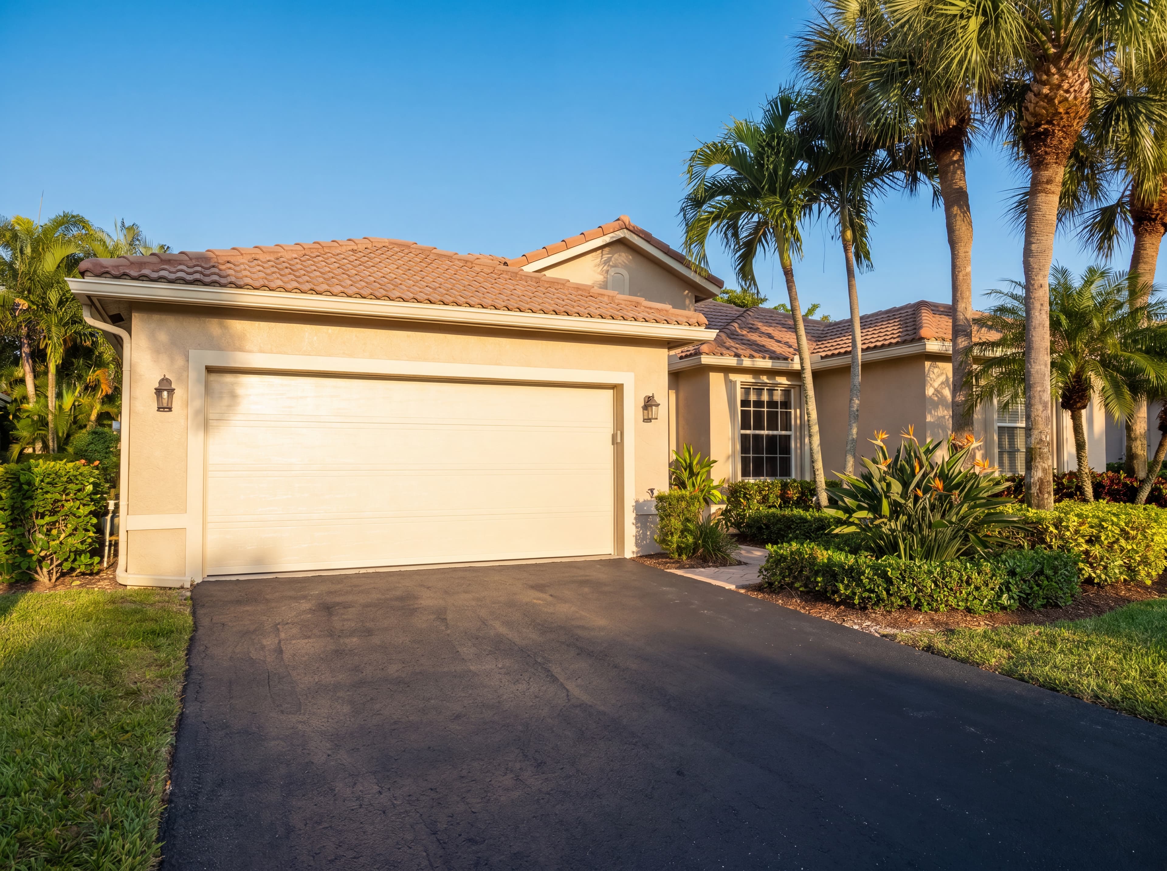 New insulated steel garage door freshly installed on a South Florida home