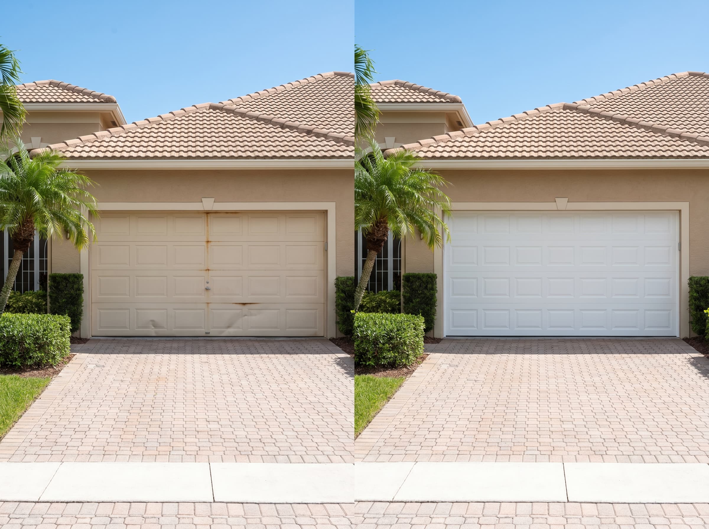 Before and after: a worn, peeling single-car garage door replaced with a clean white steel raised-panel door on a Plantation home.