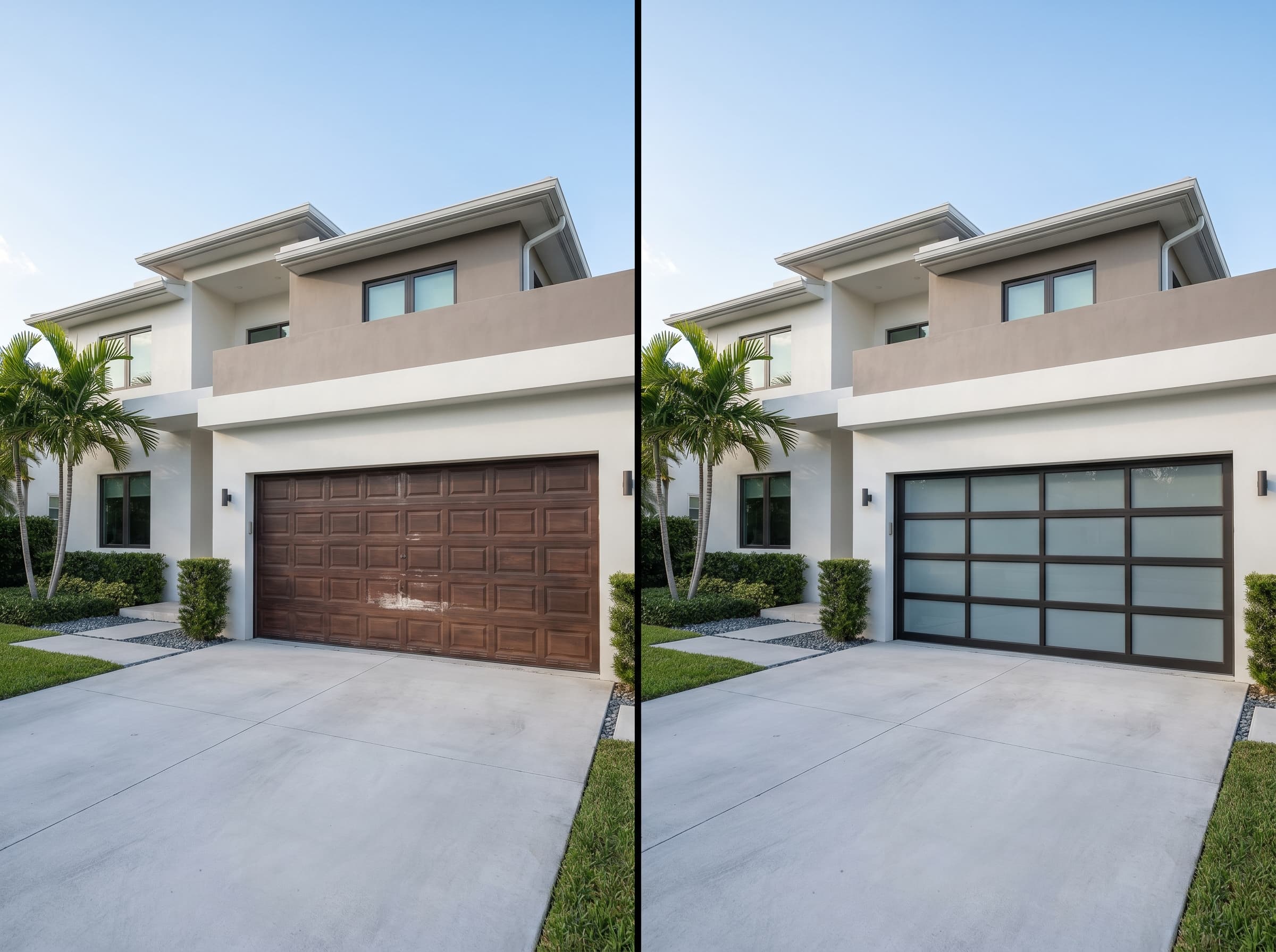 Before and after: a dated brown raised-panel garage door replaced with a modern black-framed glass-panel door on a Bay Harbor home.